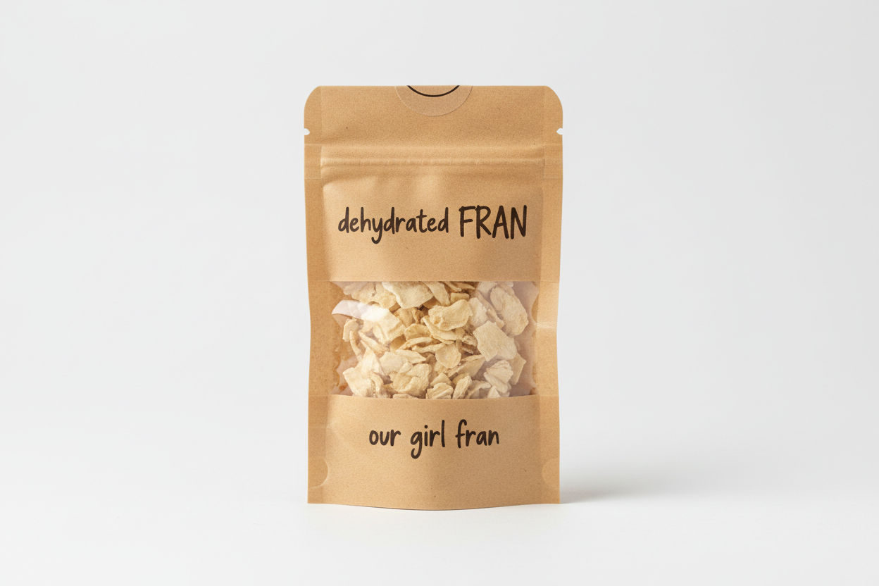 dehydrated sourdough starter in a small brown bag with a clear window on it with the wording on the bag dehydrated FRAN or our girl fran