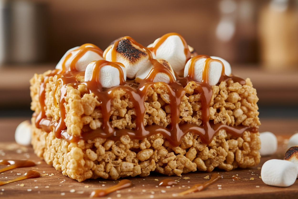 rice krispy with caramel in the middle and on top and topped with marshmallows